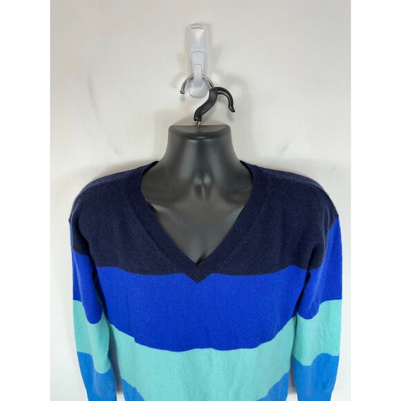 Talbots 100% Cashmere Sweater Size Large Striped Blue V Neck Office Casual - Picture 7 of 9